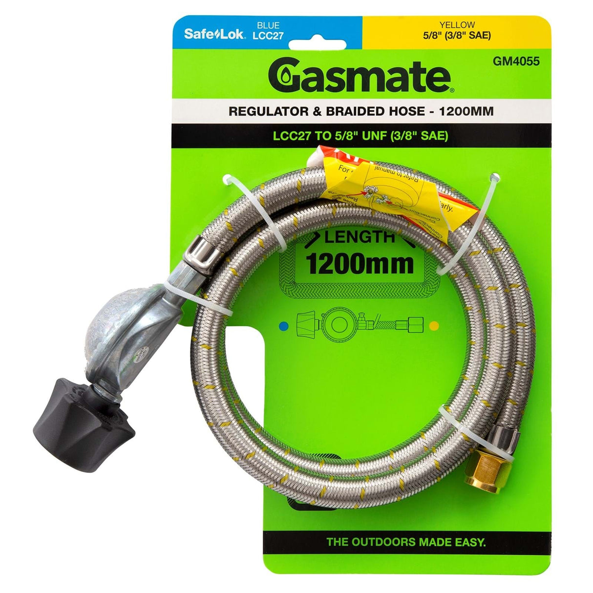 Gasmate Braided Hose & Regulator LCC27 to 5/8"UNF (3/8" SAE) 1200mm