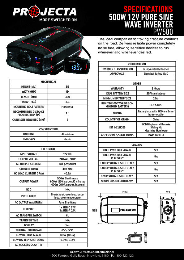 Projecta 500W 12V Pure Sine Wave Inverter