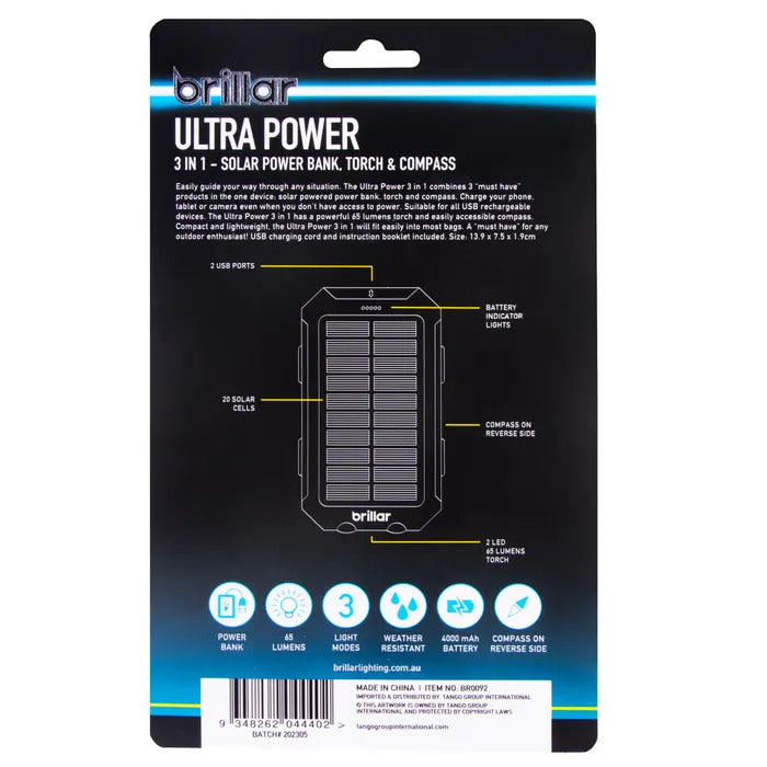 Brillar Ultra-Power 3-in-1 Solar Powerbank w/ Torch & Compass