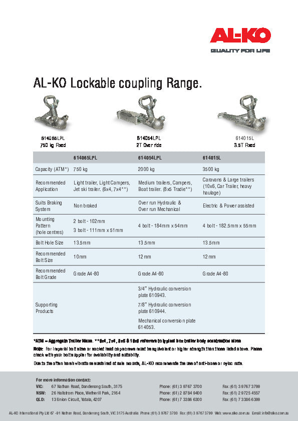 ALKO LOCKABLE COUPLING 2000KG 3 BOLT WITH LOCK & KEYS