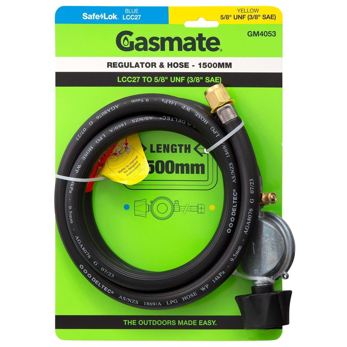 Gasmate PVC Hose & Regulator LCC27 to 5/8" UNF (3/8" SAE) 1500mm