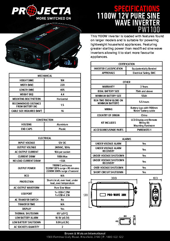 Projecta 1100W 12V Pure Sine Wave Inverter