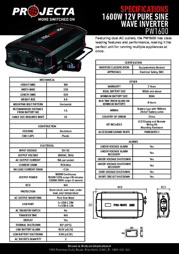 Projecta 1600W 12V Pure Sine Wave Inverter