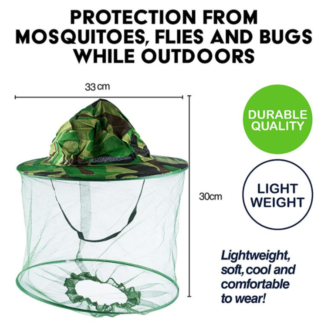 Insect Head Net with Brim Hat 300mm Camo Hat & Green mesh