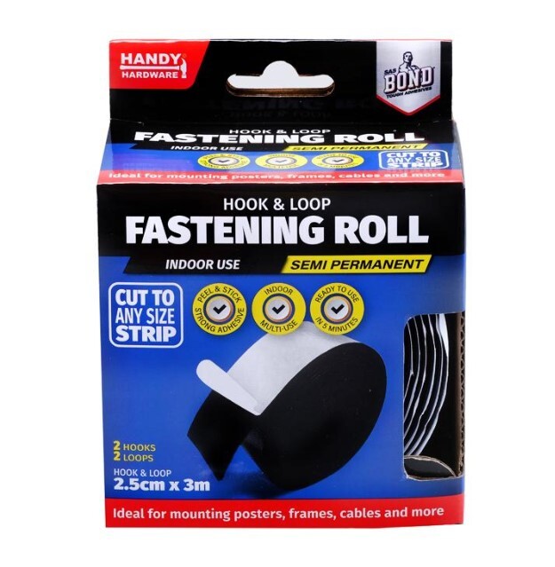 Adhesive Tape Hook & Loop Black 25mm x 3m Roll