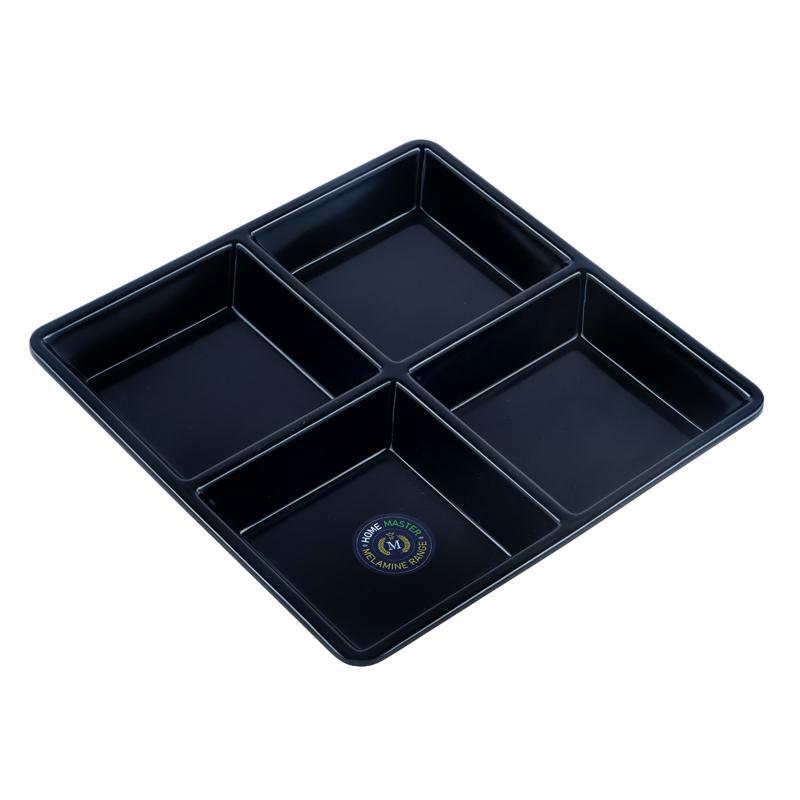 Melamine Platter Tray with 4 Section Divider Square 21cm x 2.5cm - Black