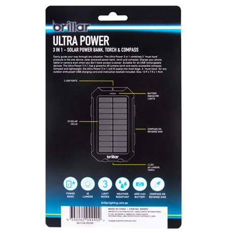 Brillar Ultra-Power 3-in-1 Solar Powerbank w/ Torch & Compass