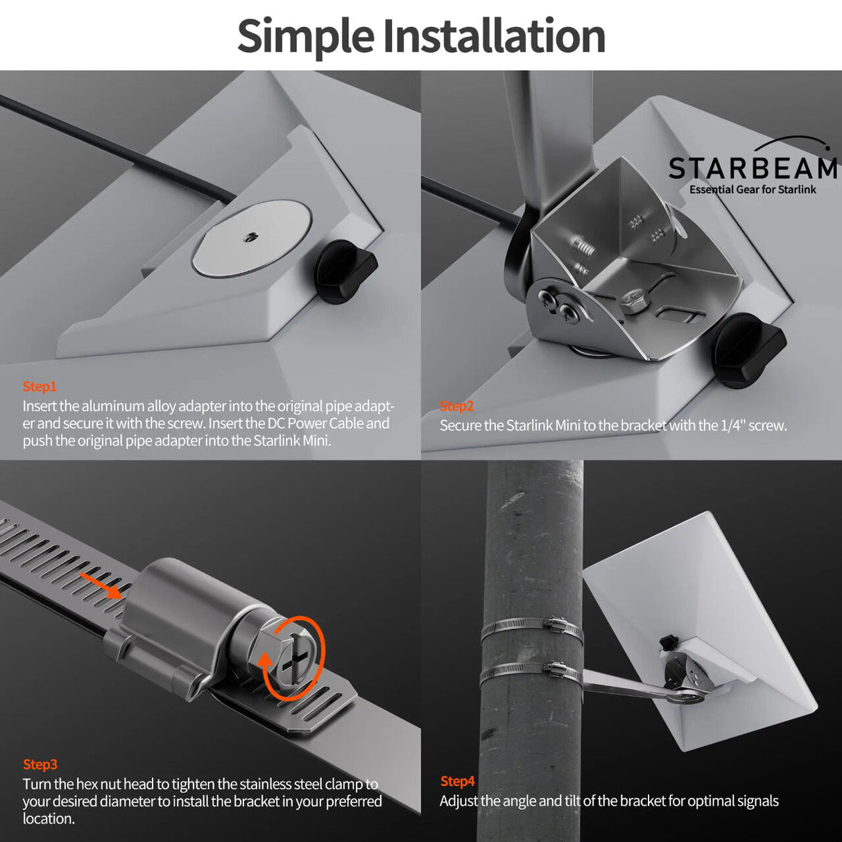 STARBEAM Starlink Mini Light Pole Mount – Stainless Steel Clamps with 360° Adjustable Arm